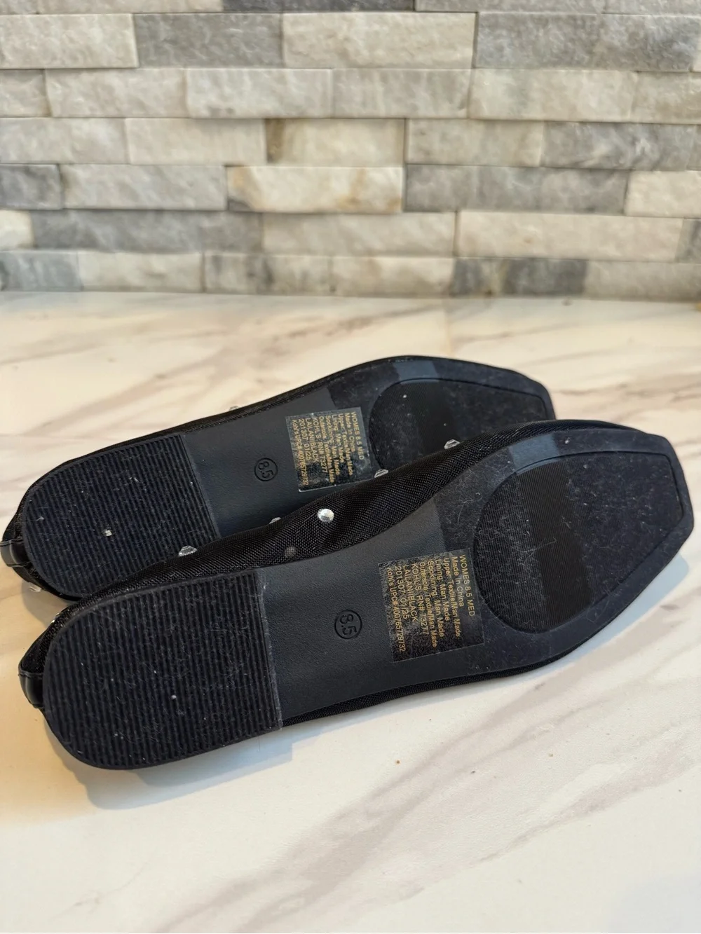 SO Black Mesh Ballet Flats with Bow and Rhinestone Studs